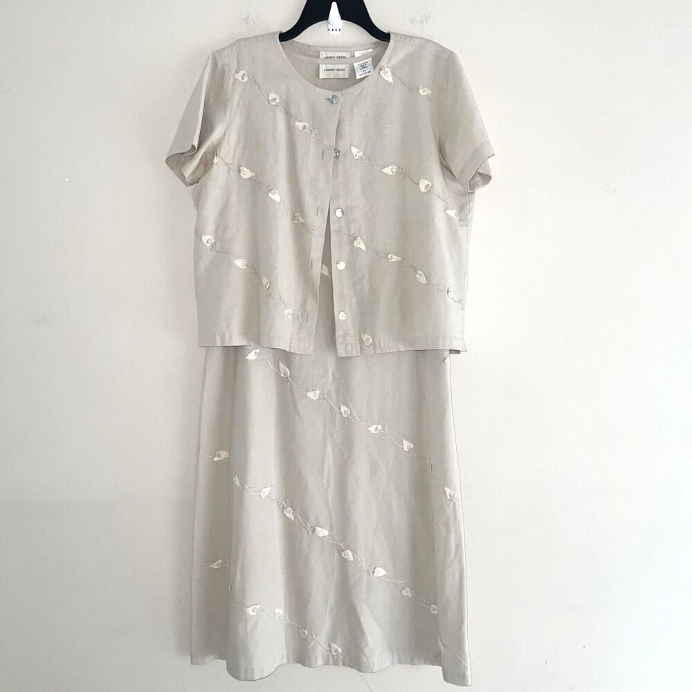Lemon Grass Beige Maxi Dress Petite S Embroidered Neutral Mature Modest Natural